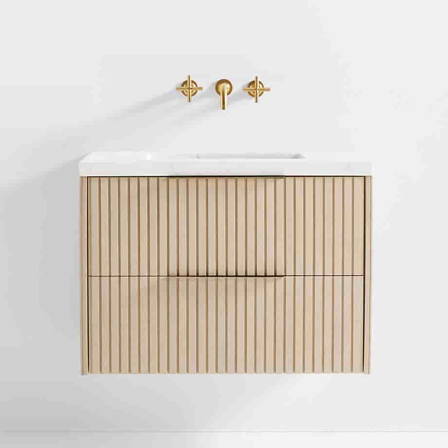 White Marble Top and Oak Wood Single Sink Floating Vanity